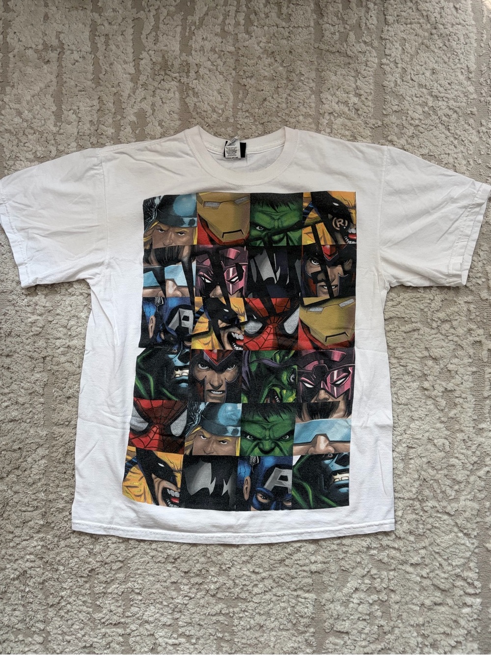 Marvel Men’s White Short Sleeve Tee with Multicolor Superhero Grid